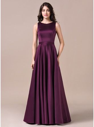 A-Line/Princess Scoop Neck Floor-Length Satin Bridesmaid Dress Bridesmaid Satin Dresses, Aline Gown, Satin Bridesmaids Gowns, Princess Line Dress, Áo Blu, Stylish Prom Dress, Gown Party Wear, Satin Bridesmaid Dress, Looks Pinterest