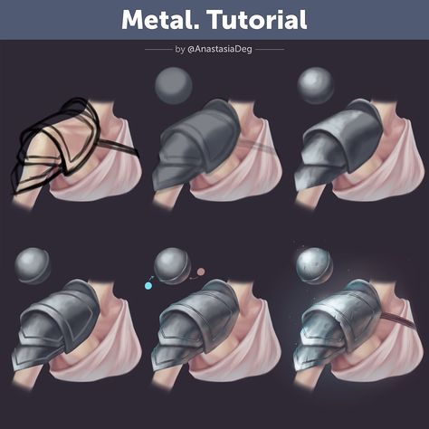 Armor Shading Tutorial, Metal Painting Reference, How To Color Armor Digital, Metal Shading Reference, How To Shade Armor, How To Shade Metal Digital Art, Metal Armor Drawing, Metal Digital Art Tutorial, Armor Shading