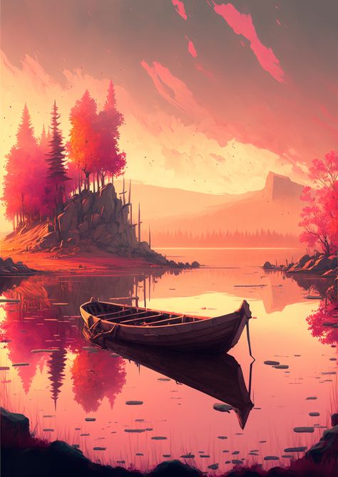 Boat Digital Art, Calm Art Aesthetic, Lake Concept Art, Posters On A Wall, Landscape Art Ideas, Colorful Illustration Art, Lake Illustration, Calming Wall Art, Cute Easy Paintings