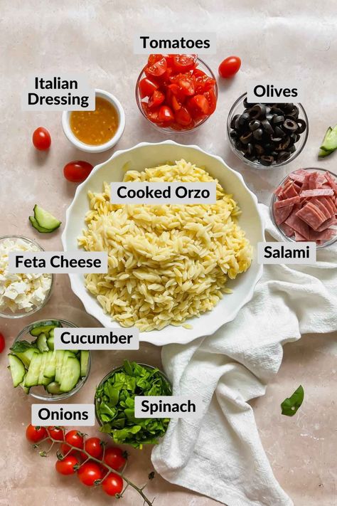 Orzo Mediterranean Salad, Orzo Greek Pasta Salad, Italian Orzo Pasta Salad, Summer Orzo Salad Recipes, Healthy Italian Dinner Recipes, Orzo Recipes Salad, Cold Orzo Pasta Salad, Salad Recipes Orzo, Orzo Spinach Salad