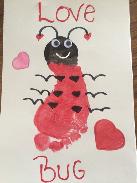 Love bug footprint Cute Valentine’s Day Crafts For Kids, Valentines Bug Craft, Valentine's Handprint Crafts For Kids, Baby Handprint Valentines, V Day Crafts For Toddlers, Valentines Hand Prints For Kids, Valentines Card Crafts For Toddlers, Valentines Card Preschool Craft, Valentines Diy Toddler