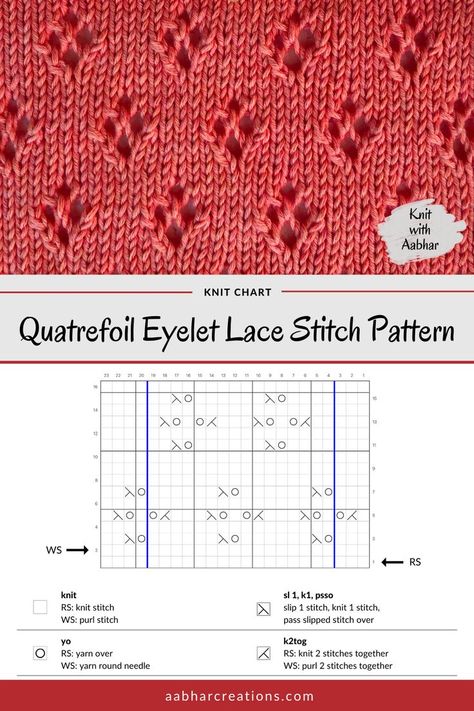 The Quatrefoil Eyelet Lace Pattern is an all-over lace pattern that mimics the iconic quatrefoil pattern. There are tiny eyelets arranged in a diamond formation all over a background of stockinette stitches. #aabharcreations #knitwithaabhar #learntoknit #freepattern #knittingstitch #knittingpattern #knitchart #knitting #stitchchart Eyelet Lace Pattern, Lace Knitting Stitches, Knitting Stitches Tutorial, Quatrefoil Pattern, Lace Knitting Patterns, Crochet Lace Pattern, Knit Stitch Patterns, Knitting Charts, Knit Stitch