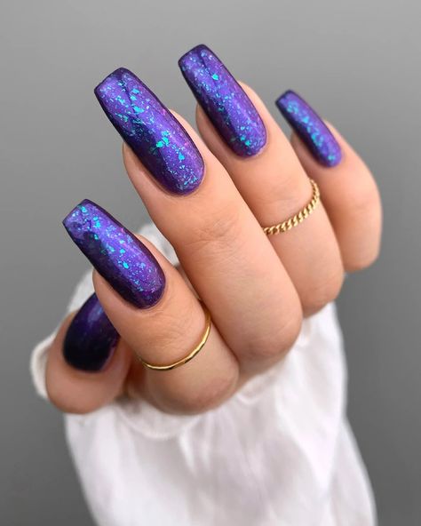 FIREFLY FOREST is a rich violet jelly lacquer filled with teal and pink iridescent flakies Mooncat Nail Polish, Midnight Purple Nails, Mooncat Nail, Violet Jelly, Firefly Forest, Holographic Nail Designs, Female Warriors, Secret Safe, 2024 Nails