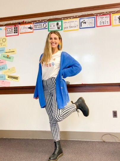 Checkered Vans Teacher Outfit, Teacher Outfits Doc Martens, Doc Martens Outfit Teacher, Doc Marten Teacher Outfit, Business Casual Doc Martens Outfit, Colourful Teacher Outfits, Thrifted Earrings, Plaid Pants Outfit, Martens Outfit