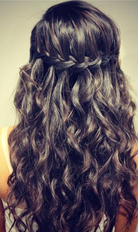 lovely long hair with braid wrapped around -- someone make my hair look like Waterfall Braid With Curls, Waterfall Braid Hairstyle, Waterfall Hairstyle, Curly Hair Braids, Waterfall Braid, Crochet Braids, Long Curly, Hair Humor, Hair Dos