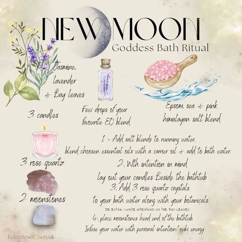 New Moon Bath Ritual, Goddess Bath, New Moon Fertility Ritual, Pink Full Moon Ritual Manifestation, Moon Correspondences Witches, Full Moon Fertility Spell, October New Moon, Witchcraft Moon Water, Lunar Witch