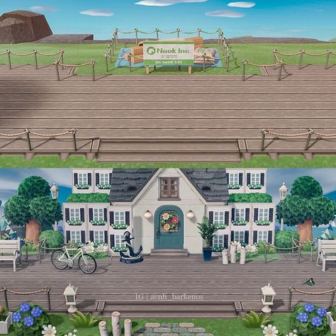 Animal Crossing Inspiration on Instagram: “The Ultimate House Upgrade 🏡 This Boardwalk Hotel looks so good and so real! ☀️ — credits — 🏡 @acnh_barkenos 💜 🎨 Window design by…” Animal Crossing Hotel Exterior, Hotel Animal Crossing, Animal Crossing Shopping Area Ideas, Acnh Shopping Area Ideas, Animal Crossing Shopping Area, Acnh Spa, Bee Shop, Animal Crossing 3ds, Animals Crossing