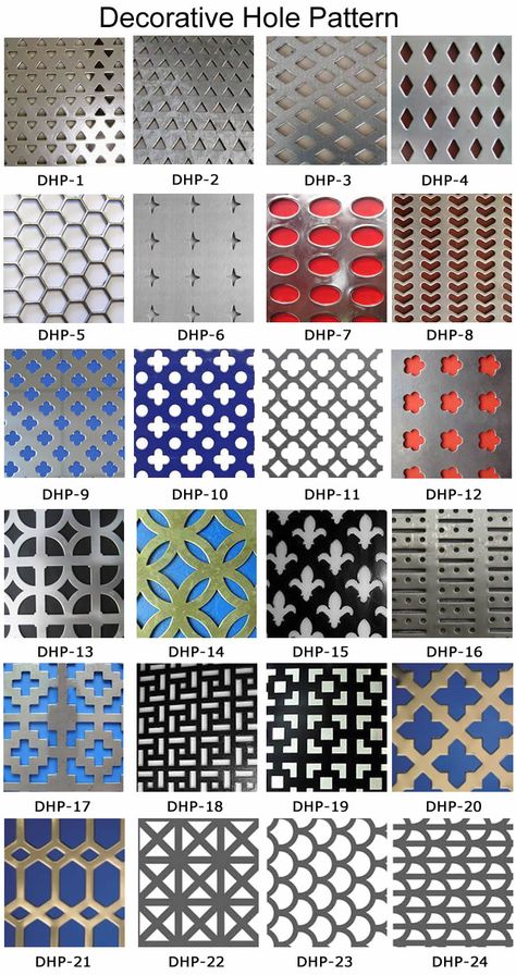 twenty four patterns of holes for decorative perforated sheets Decorative Metal Sheets, Metal Sheet Design, Perforated Metal Panel, Decorative Metal Screen, Jaali Design, Small Hallway Ideas, Metal Facade, Metal Sheets, Window Grill Design