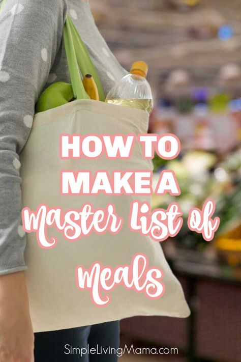 Make a Master List of Meals - Monthly Meal Planning - Simple Living Mama Month Grocery List, Master Meal List, Meal Planning Organization, Meal Schedule Menu Planning, A Month Of Meals, Capsule Meal Plan, Monthly Meal Planning Printable, Monthly Meal Plan, How To Meal Plan For A Month