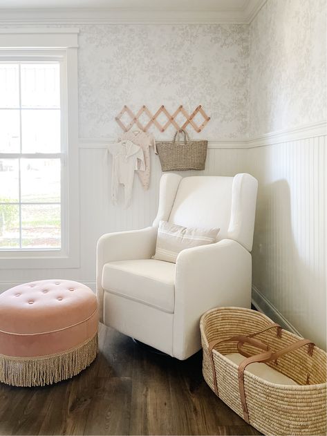 Baskets In Nursery, Nursery With Wainscoting And Wallpaper, Wallpaper And Beadboard Nursery, Beadboard Girls Bedroom, Accessible Beige Nursery, Studio Mcgee Nursery Ideas, Nursery With Beadboard, Beadboard Nursery Wall, Nursery Beadboard