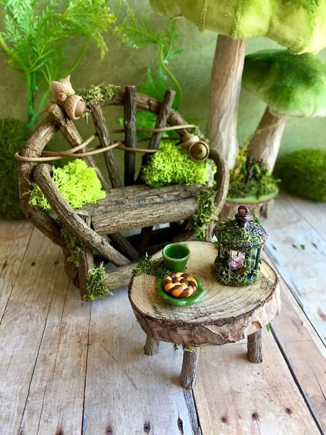 Miniature fairy furniture set, rustic dollhouse furniture, miniature wood bench and tables -  Miniature fairy bench and coffee table fairy furniture set Fairy Bench, Garden Diy Decoration Ideas, Indoor Fairy Gardens, Cozy Garden, Fairy Tree Houses, Fairy Garden Furniture, Fairy House Diy, Fairy Garden Designs, Fairy Garden Crafts