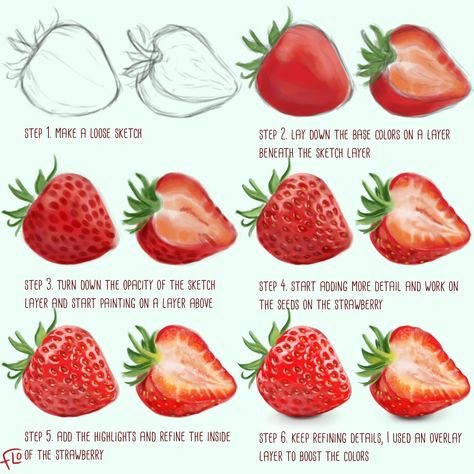 The steps I take when digitally painting a strawberry. Check my Patreon page for fully narrated digital art tutorials in Procreate Painting Strawberries, Food Strawberry, Strawberry Drawing, Strawberry Art, Procreate Ipad Art, Instagram Painting, Procreate Tutorial, Ipad Drawings, Digital Art Beginner