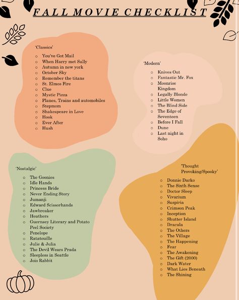 Ultimate Fall Movie List, Halloween Movies Checklist, Fall And Halloween Movie List, Fall Time Movies, September Watch List, Movies That Feel Like Fall, Feel Good Fall Movies, Fall Romcom Movies, September Movies List