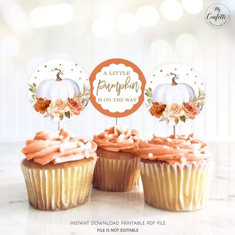 Fall Baby Shower Cake, Baby Shower Cake Toppers, Cupcakes Baby Shower, Cupcake Toppers Template, First Birthday Cupcakes, Baby Bash, Baby Shower Cupcake Toppers, Pumpkin Birthday, Cupcake Toppers Printable