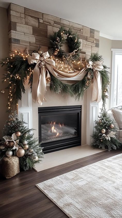 Nativity Scene Inside Fireplace, Tuscan Mantle Decor, Fireplace Mantels For Christmas, Christmas Garland Living Room, Fireplace Basket Decor Ideas, Narrow Mantle Christmas Decor, Christmas Trees Next To Fireplace, Natural Home Decor Ideas, Garland Around Tv