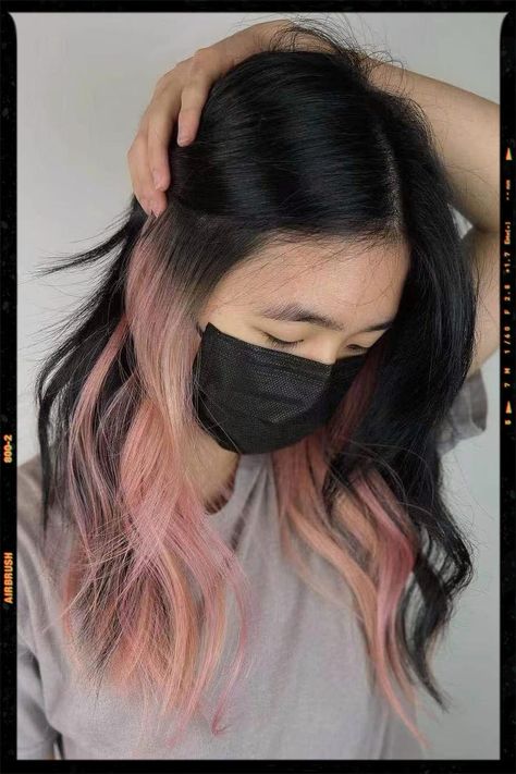 Hair Color Idea - Black and Pink Hair Light Pink Hair Underneath, Black Pink Hair Color, Light Pink Highlights In Black Hair, Black And Light Pink Hair, Black Hair With Pink Underneath, Pink Highlights In Black Hair, Pink Underdye Hair, Pink Underneath Hair, Pastel Hair Short