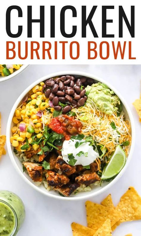 These chicken burrito bowls combine tender marinated chicken, cilantro cauliflower rice, corn salsa, black beans and romaine lettuce all topped with a delicious tomatillo avocado dressing. Perfect for meal prep. Cilantro Cauliflower Rice, Chicken Cilantro, Chicken Burrito Bowls, Lime Rice Recipes, Burrito Bowls Recipe, Chicken Burrito, Chicken Burrito Bowl, Avocado Dressing, Burrito Bowls