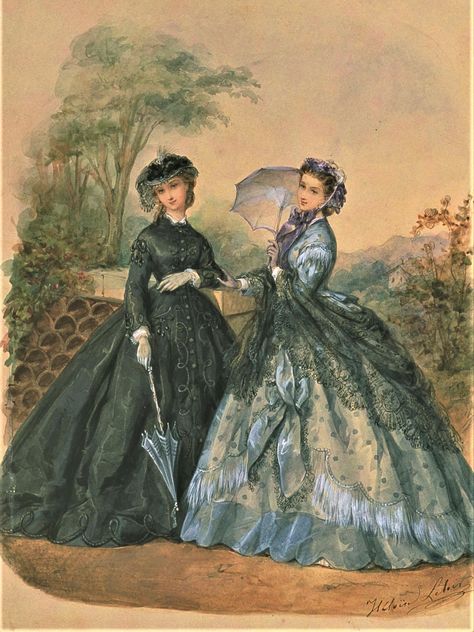 Victorian Dress Painting, 1840s Aesthetic, 1864 Dresses, 1860s Aesthetic, Little Women Costumes, 1860s Dresses, 1860s Fashion, Crinoline Dress, Historical Gowns