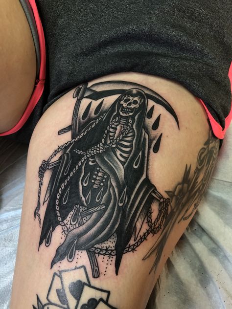 Grim Reaper Trad Tattoo, Grim Reaper Stomach Tattoo, Grim Reaper Back Tattoo, Grim Reaper Traditional Tattoo, Grim Reaper Tattoo Traditional, American Traditional Grim Reaper Tattoo, Female Grim Reaper Tattoo, Tattoos Grim Reaper, Grimm Reaper Tattoo