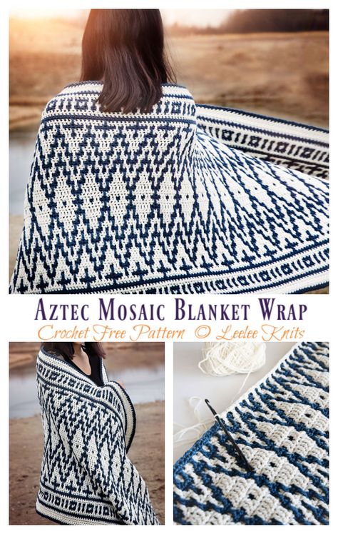 Practice your mosaic crochet skills with this beautiful and warm crochet blanket wrap! Inspired by Aztec design, this wrap is fun to make, and will keep you cozy on chilly summer nights. We would love to invite you to join our Pinterest Group for the latest and be sure to follow our Crochet Page, too. The pattern is written […] Mosaic Crochet Pocket Shawl, Overlay Crochet Free Pattern, Aztec Mosaic, Mosaic Crochet Patterns, Mosaic Blanket, Crochet Mosaic, Crochet Wrap Pattern, Crochet Ball, Mosaic Crochet