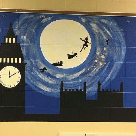 Peter Pan Mural for my classroom transformation. Follow me @theappyclass! Peter Pan Bulletin Board Ideas, Peter Pan Stage Design, Peter Pan Party Decor, Neverland Themed Room, Peter Pan Door Decorations Classroom, Neverland Classroom Theme, Peter Pan Mural, Peter Pan Artwork, Peter Pan Bulletin Board