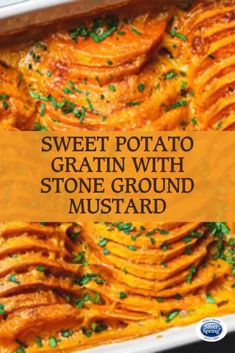 Adding a touch of Silver Spring Stone Ground Mustard adds bold, bright flavor to this classic Sweet Potato Gratin dish. It's a delicious, healthier take on a classic dinner recipe. #SilverSpringFoods #Mustard #StoneGround #SweetPotato #Gratin #Dinner #HealthyDinner Mustard Seed Recipes, Stone Ground Mustard, Spring Foods, Sweet Potato Gratin, Mustard Recipe, Gratin Dish, Potato Gratin, Ground Mustard, Stone Ground