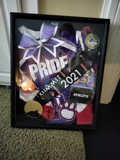 Cheer Ribbon Display, Cheer Shadow Box Ideas Gifts, Cheerleading Medal Display Ideas, Cheerleading Shadow Box Ideas, Cheer Bow Shadow Box Ideas, Cheer Bow Display Ideas, Cheer Display Ideas, Cheer Uniform Shadow Box Ideas, Cheer Medal Display Ideas