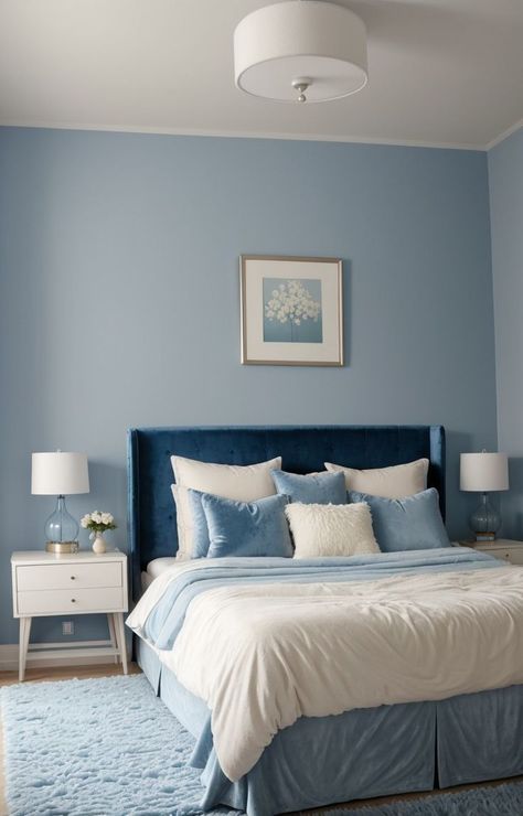 Cute Blue Aesthetic, Room Color Ideas Bedroom, Baby Blue Bedrooms, Sleek Bedroom, Blue And Cream Bedroom, Light Blue Rooms, Light Blue Bedroom, Blue Bedroom Ideas, Blue Bedroom Walls