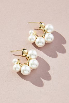 Lake Life Pearl Huggie Hoops | Anthropologie Uncommon James, Anthropologie Earrings, Chasing Unicorns, Pearl Fashion, Anthropologie Wedding, Jewelry For Sale, Anthropologie Jewelry, Pearl Hoop Earrings, Brass Glass