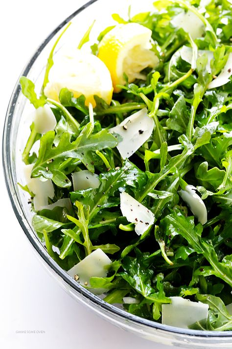 5-Ingredient Arugula Salad with Parmesan, Lemon and Olive Oil -- super easy, and always so fresh and tasty! | gimmesomeoven.com Resep Salad, Pasta Salads, Olive Oils, Arugula Salad, So Fresh, 5 Ingredient, Healthy Salads, Tortellini, Dinner Tonight