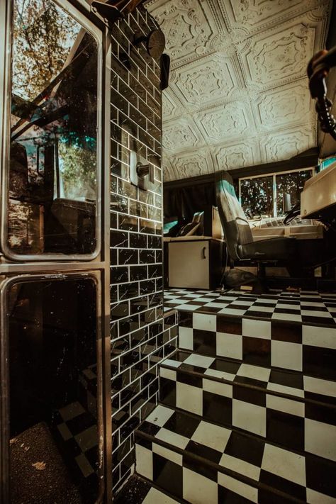 Avoid Highway: Dark & Moody Bus Conversion Refurbished Bus Tiny Homes, Gothic Van Life, Gothic Rv Interior, Gothic Rv Decor, Skokie Conversion, Goth Van Life, Skoolie Conversion Ideas, Painted School Bus, Schoolies Bus Conversion