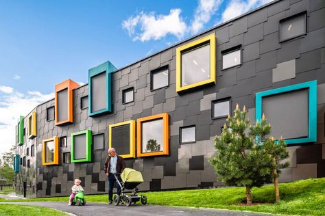 Link Arkitektur complete BREEAM-NOR awarded kindergarten with façade panels supplied by Steni School Building Design, Factory Architecture, Hospital Architecture, Kindergarten Design, School Murals, School Interior, Architecture Design Drawing, Architecture Concept Drawings, School Building