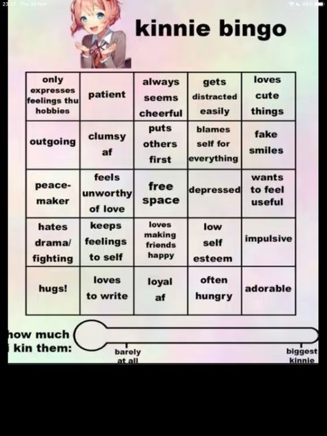 sayori ddlc kinnie bingo :3 Ddlc Kinnie Bingo, Sayori Kinnie Bingo, Ddlc Kinnie, Random Bingo, Sayori Kinnie, Ddlc Memes, Sayori Ddlc, Kinnie Bingo, Bingo Template