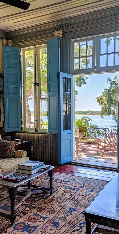 Blue Beach House Aesthetic, Summer House Interior Ideas, Southern Style Homes, Blue Shutters, Modern Coastal Decor, Beach Interior, Dream House Rooms, Open Door, Dream House Interior