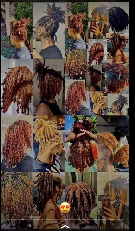 Colored Locs With Curly Ends, Cute Hairstyles For Short Starter Locs, Locs Type 4 Hair, Natural Dyed Locs, Loc Styles Back To School, Starter Locs Short 4c Hair Styles, Sides For Baked Fish Dinners, Ginger And Blonde Hair Black Women Locs, Fall Colors For Locs