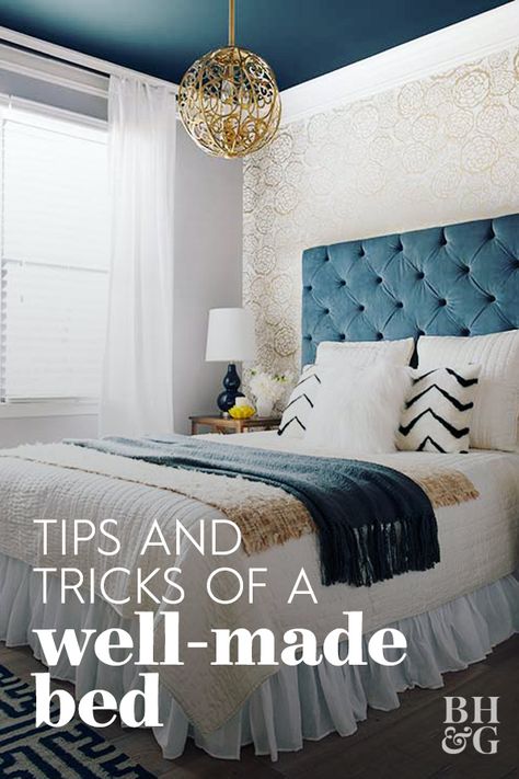 Learn what your bed is missing and the best way to make it picture-perfect with our easy-to-follow guide. #wellmadebed #bedroomideas #howtomakeabed #bhg Blue And White Bedroom, Blue Headboard, Restful Bedrooms, Home Tips And Tricks, Boho Style Bedroom, Accent Wall Bedroom, Trendy Bedroom, Gray Bedroom, Tufted Headboard