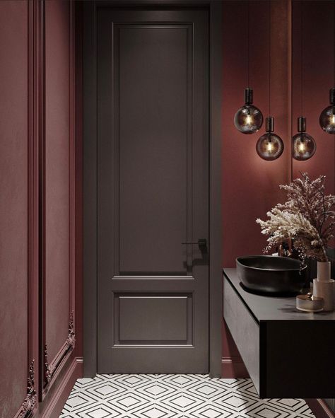 Burgundy Bathroom Ideas, Bathroom Ideas Paint, Burgundy Bathroom, Burgundy Room, Neoclassic Interior, Burgundy Decor, Bathroom Design Decor, Bathroom Inspiration Decor, Bathroom Style