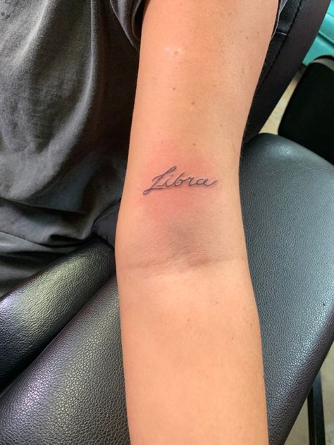 Libra Word Tattoo, Libra Scale Tattoo Black Women, Libra Tattoo Ideas For Women Minimalist, Libra Rising Tattoo, Libra Font Tattoo, Libra Tattoo Aesthetic, Libra Tatoos Ideas, Libra Writing Tattoo, Astrology Tattoo Libra Zodiac Signs