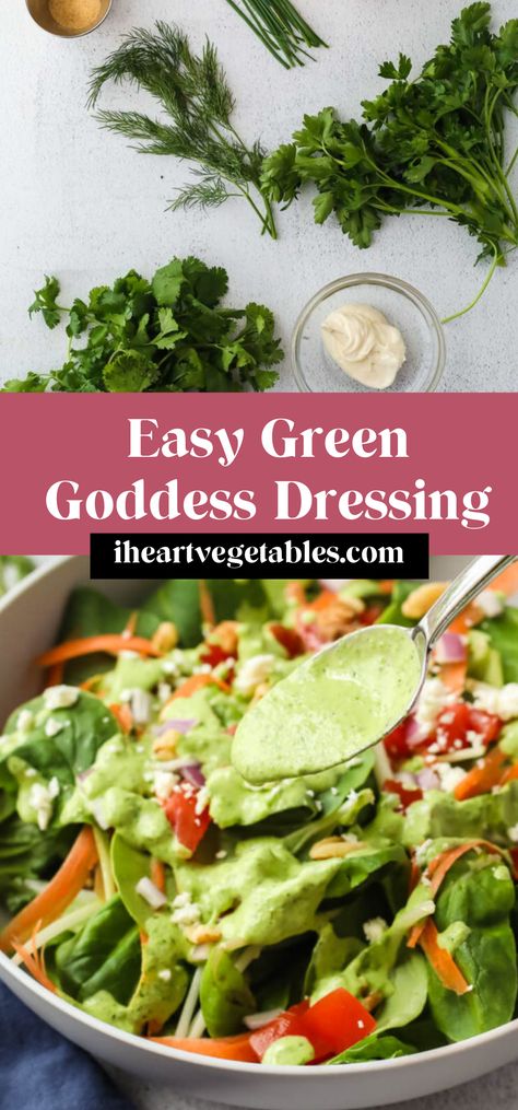 This creamy Green Goddess dressing is loaded with fresh herbs for a tasty salad dressing that is packed with flavor! This recipe also makes a great sandwich spread or vegetable dip! Green Goddess Salad Recipe, Vegetable Recipes Dinner, Goddess Dressing Recipe, Green Goddess Dip, Yummy Vegetable Recipes, Vegetable Dip, Goddess Dressing, Green Goddess Dressing, Sandwich Spread