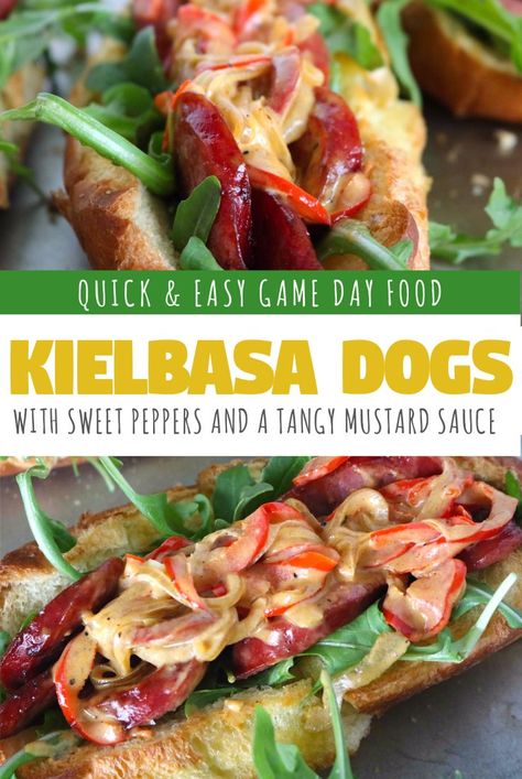 Kielbasa Hot Dogs | A sandwich featuring kielbasa sausage, savory sauteed peppers, spicy arugula and a tangy mustard sauce | Weeknight Dinner | Game Day Food | Sandwich Recipes. Main Dish For Potluck, Easy Dinner Party Recipes, Sauteed Peppers, Kielbasa Sausage, Best Appetizer Recipes, Hot Dog Recipes, Comfort Food Recipes, Mustard Sauce, Dinner Party Recipes