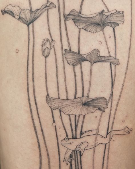 Underwater tattoo with waterlilies and with a cute/ funny frog 🐸 🫧 Thank you Anna for the full artistic freedom and for the absolutely beautiful idea of the illustration! 🤍 #londontattoo #londontattooartist #tattoolondon #uktattoo #uktattooartist #animaltattoo #animaltattoos #animaltattoolondon #waterlilies #finelinetattoo #finelinetattoolondon #floraltattoo #frogtattoo #tattooanimal Waterlily Tattoo Design, Koi Pond Tattoo, Pond Tattoo, Waterfall Tattoo, Underwater Tattoo, Frog Tattoo, Frog Tattoos, London Tattoo, Funny Frogs