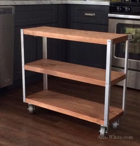 Cut a 2x12 board into three pieces.  Screw metal angle to corners. Add wheels.  Easiest DIY cart ever! Diy Industrial Console Table, Diy Kitchen Cart, Apartemen Studio, Garage Inspiration, Industrial Cart, Y2k Bedroom, Pipe Desk, Plumbing Pipe Furniture, Pipe Table