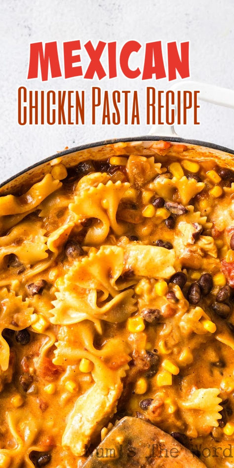 Mexican Chicken Pasta is an easy one pot meal that your whole family will love! It comes together quickly, tastes delicious, and is perfect for any busy weeknight meal! #numstheword #mexicanchickenpasta #mexicanchickenpastarecipe #mexicanchickenpastarecipes #chickenmexicanpasta #mexicanpastachicken #tacochickenpasta #blackbeanchickenpasta #chickensalsapasta #salsapasta #salsachickenpasta #onepotmexicanchicken Turkey Taco Pasta Bake, Tucson Chicken Pasta Recipe, Chicken Pasta Mexican, Mexican Chicken Noodle Casserole, Mexican Chicken Pasta Recipes, Mexican Chicken Pasta Casserole, Queso Chicken Pasta, Mexican Alfredo Pasta, Chicken Taco Pasta Bake