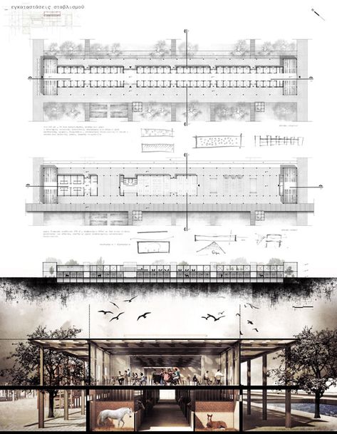 Articles - STUDENTS PROJECTS - DESIGN PROJECTS - PROJECTS2013 - Equestrian center in Thessaloniki Equestrian Center Architecture, Equestrian Facility Layout, Equestrian Architecture, Equine Facility Design, Luxury Horse Stables, Gym Architecture, Barn Layout, Equestrian Building, Horse Barn Ideas Stables