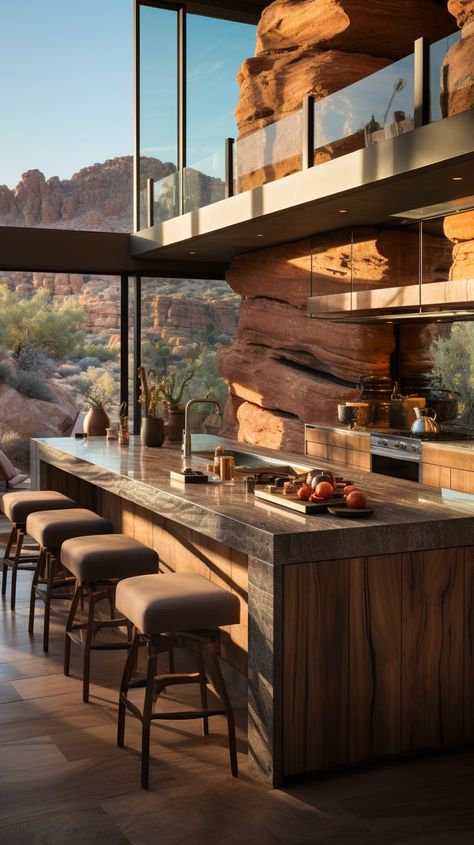 Aesthetic Luxury Kitchen: Cozy Fall Vibes and Warm Wooden Finishings for Moodboard and Visionboard Desert Kitchen, Modern Desert Home, Warm Apartment, Kitchen Cozy, Cozy Fall Vibes, Desert Aesthetic, Desert Chic, Houses Design, Modern Desert