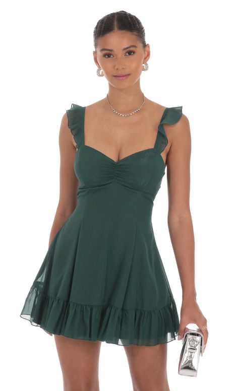 Shimmer Chiffon Ruffle Strap Dress in Green | LUCY IN THE SKY Graduation Dress Green Short, Boho Hoco Dress Short, Dresses Semi Formal Short, Band Banquet Dresses, Fall Hoco Dress, Homecoming Dresses Forest Green, Hoco Dresses Thick Straps, Hoco Dress Ideas 2024, Frat Formal Dresses