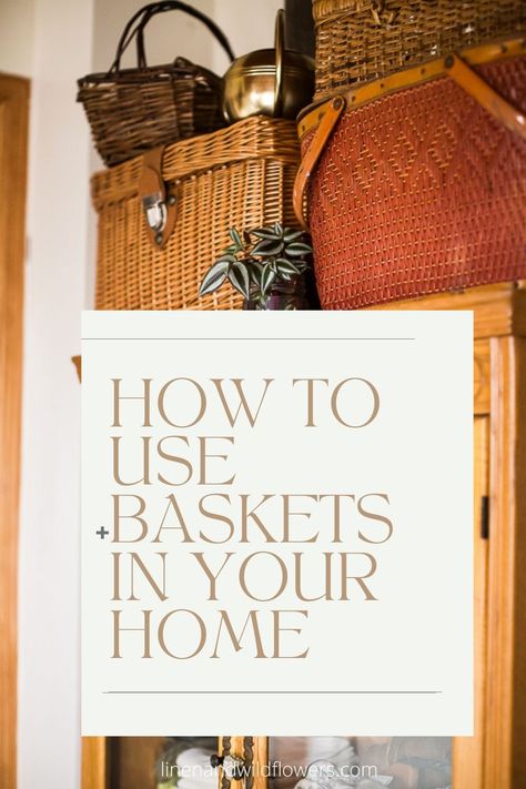 Decorating With Baskets Farmhouse Style, Vintage Picnic Basket Decor, Large Basket Decor Ideas, Baskets Ideas Decorative, How To Decorate With Baskets, Wicker Basket Decor Ideas, Picnic Basket Decor, Wicker Basket Decor, Basket Decor Ideas