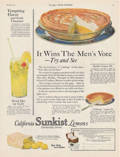 Sunkist's Lemon Pie and Challenge Lemon Pie Recipes from "The Ladies' Home Journal" | October 1923 | #vintage #recipe #1920s Old Food Ads, Vintage Lemon Cake, Lemon Pie Aesthetic, Lemon Cake Pie, 1920s Recipes, Recipe Magazine, Metallic Aesthetic, Recipe Graphic, Journal October