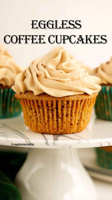 These Coffee Cupcakes are tender, moist, fluffy, and have perfect and delicious coffee flavor. They are eggless, buttery, have soft crumbs, and are topped with light coffee whipped cream frosting! Eggless Cupcakes Recipes, Chai Cupcake Recipe, Chocolate Coffee Cupcakes, Cupcakes Eggless, Eggless Cupcakes, Eggless Muffins, Coffee Whipped Cream, Coffee Muffins, Eggless Cakes