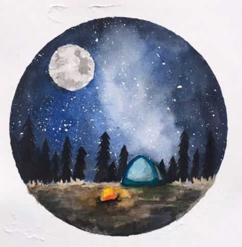 Camping Watercolor, Camping Painting, Stars Painting, Watercolor Stars, Camping Drawing, Camping Under The Stars, Galaxy Painting, 수채화 그림, Galaxy Art